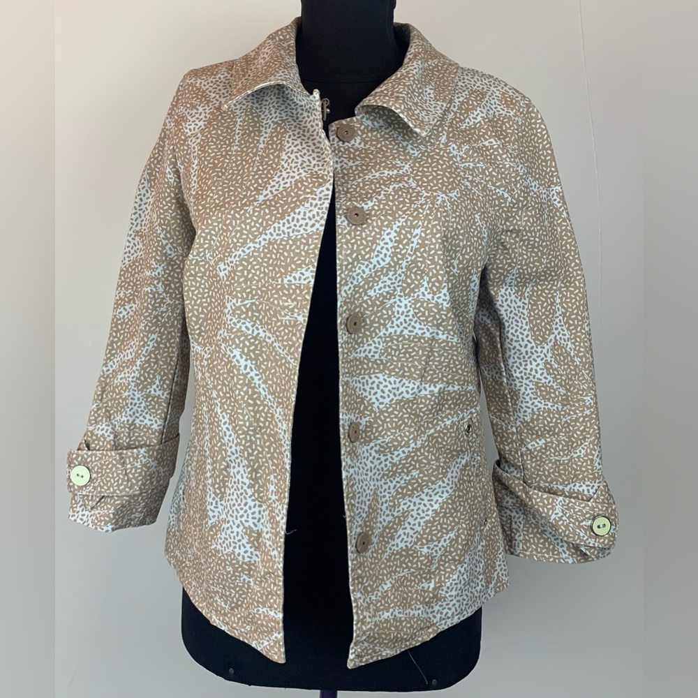 SIGRID OLSEN Tan/Gray Lightweight Snap-Up Jacket Flower Patter 3/4 Sleeve Sz 6